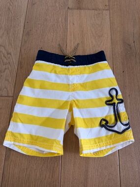 Janie and Jack Yellow & White Striped Shorts with Navy Anchor